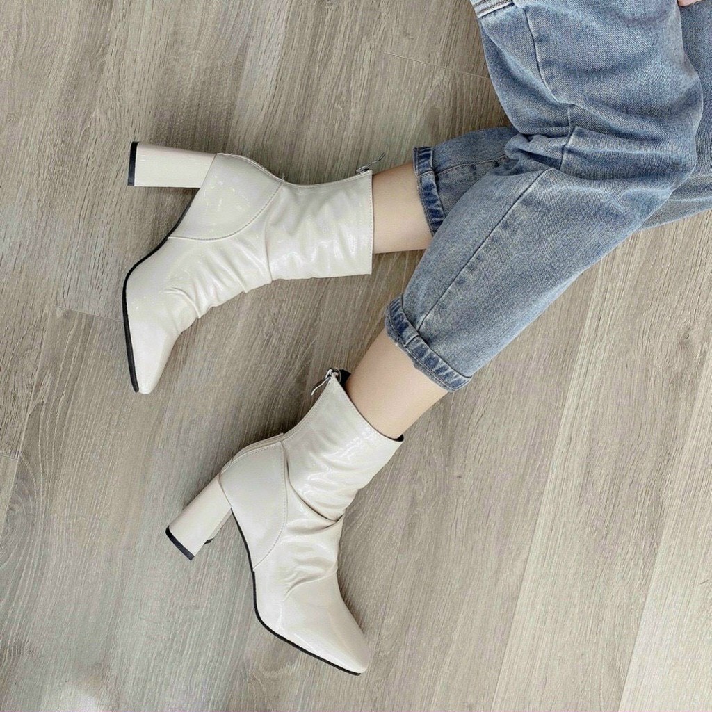 Boot Nữ Cổ Cao Bốt Cổ Nhăn Cao Cách Điệu Gót Vuông 8 Phân Chất Da Bóng Và Da mờ