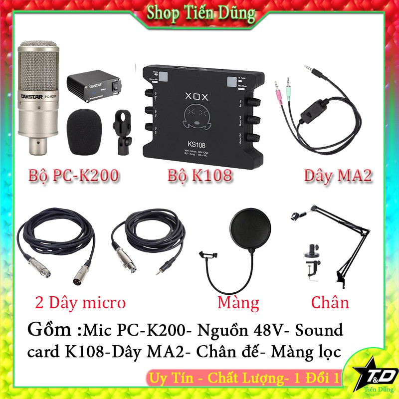 Combo mic thu âm Takstar PC K200 và Sound card ks108 nguồn 48v chân kẹp màng lọc dây livestream ma2