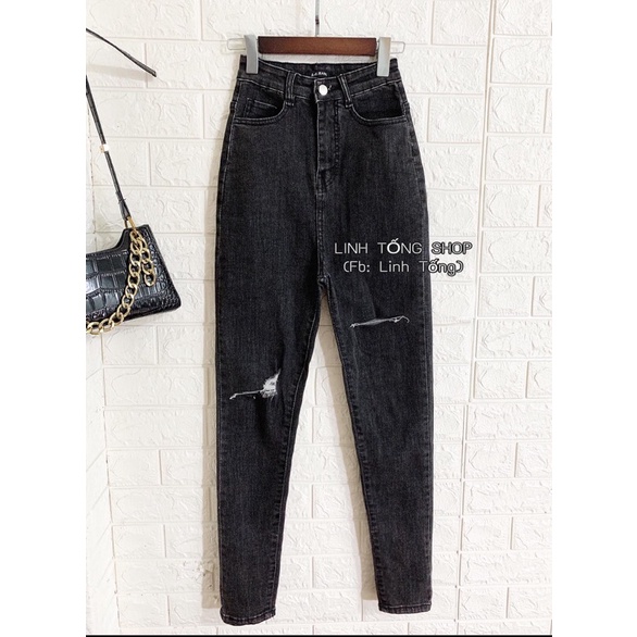 BigSize Quần Dài Jean Muối Tiêu Đen Rách - Co Giãn Mạnh - Lưng Siêu Cao