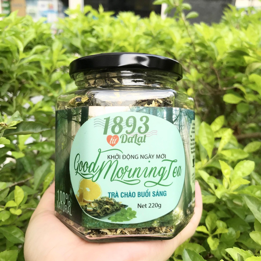 Trà chào buổi sáng Good Morning Tea Trà Hoa Đà Lạt 1893 hộp thủy tinh lớn 220gr