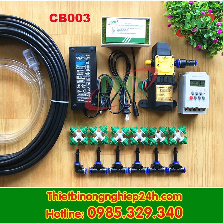 Bộ phun sương tưới lan có hẹn giờ tưới tự động | Bơm đơn Sinleader 12V phun 4 hướng xanh T8