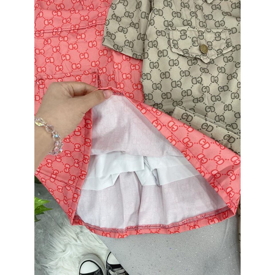 Set áo Tay bồng nhẹ, cúc đồng kèm chân váy có lót quần, chun sau tiện lợi_Chất kaki jean mềm + KÈM VIDEO