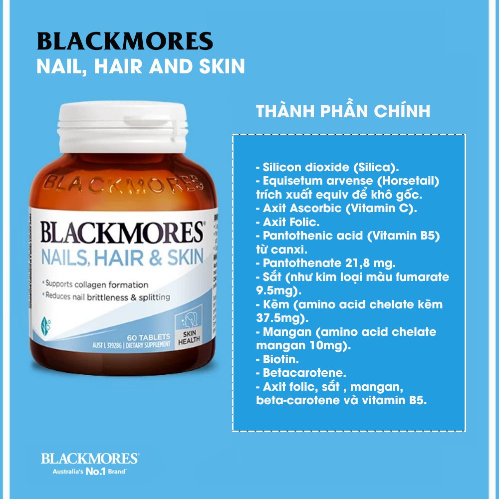 [Chính hãng Úc] Viên uống chăm sóc tóc, da, móng Nail, Hair and Skin Blackmores Úc 60 viên - Date mới