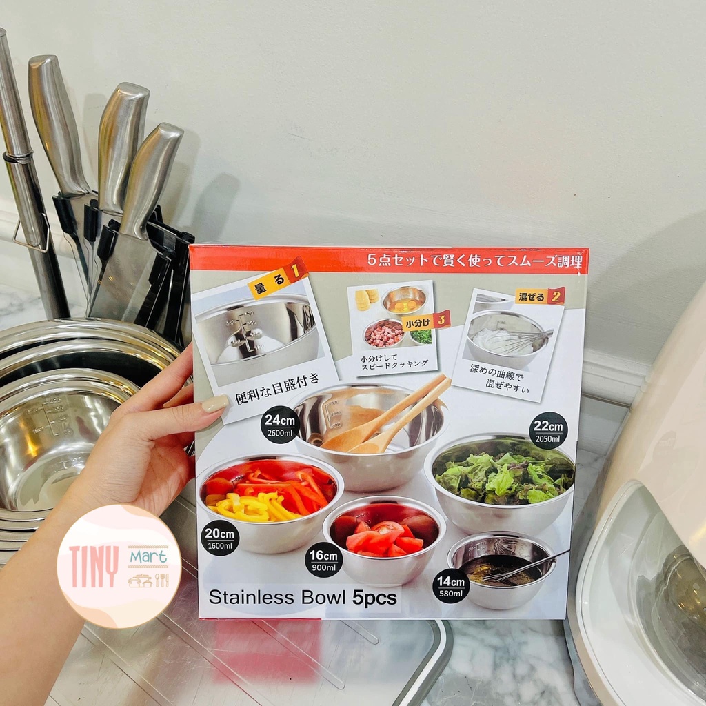 SET 5 CHẬU INOX CÓ VẠCH CHIA NƯỚC SIÊU TIỆN ÍCH