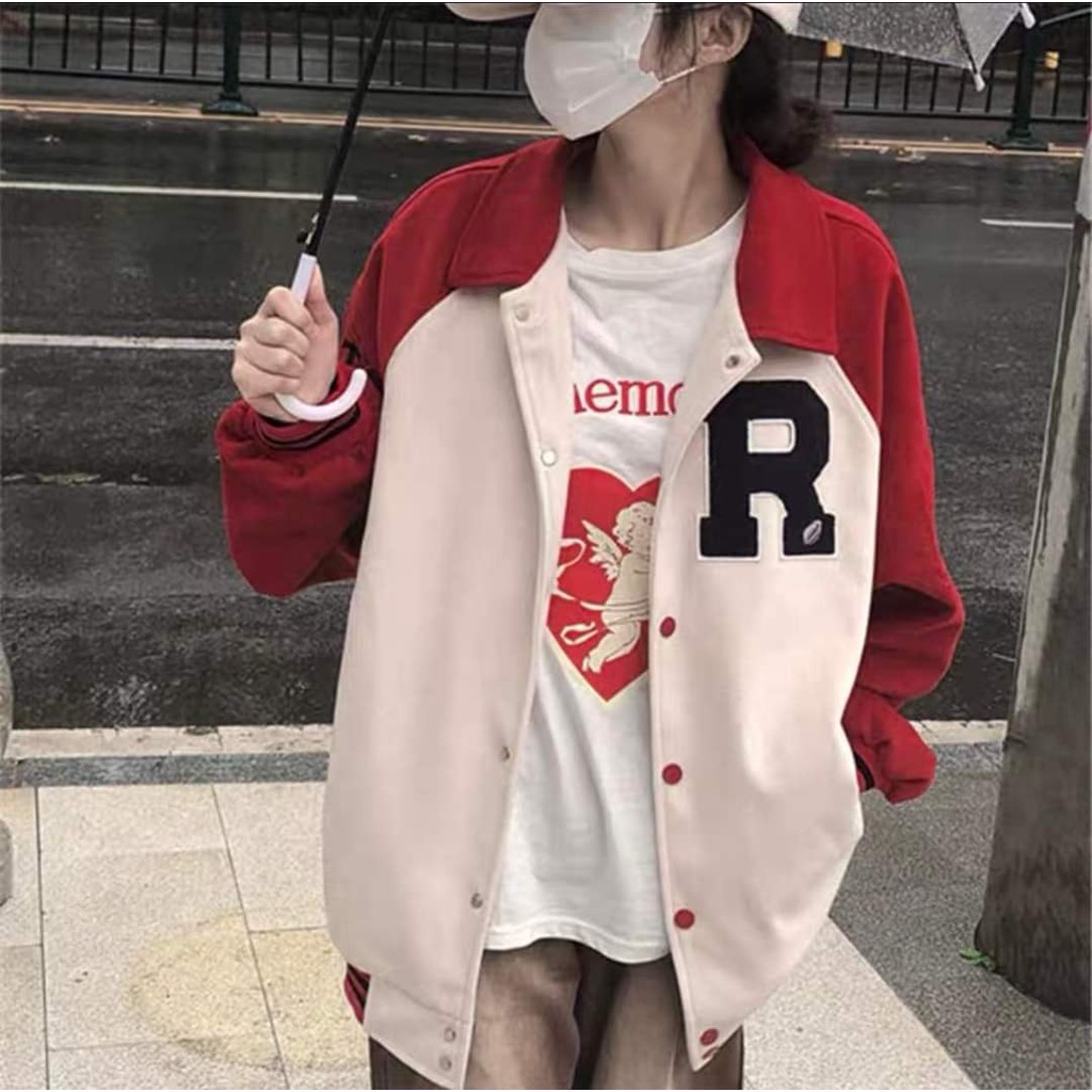 Áo khoác Bomber tay đỏ  form rộng nam nữ - Hình thêu (Form rộng)-Áo khoác nam nữ from rộng unisex | BigBuy360 - bigbuy360.vn