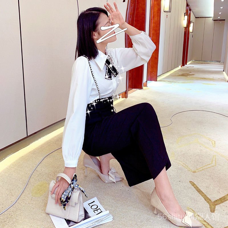 Bộ Áo Sơ Mi Dài Tay+Quần Yếm Ống Rộng Lưng Cao Thời Trang Mùa Thu Dành Cho Nữ 2022
