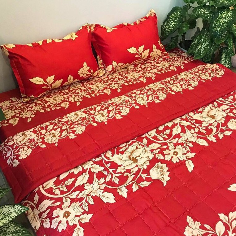 Sét Chăn Ga Gối 5 Món Cotton Poly Emmidecor Mẫu Hoa Móc Đỏ