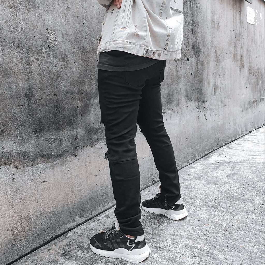 Quần Jean nam đen Streetwear Datino rách gối Skinny Zipper chất Denim co giãn không phai màu