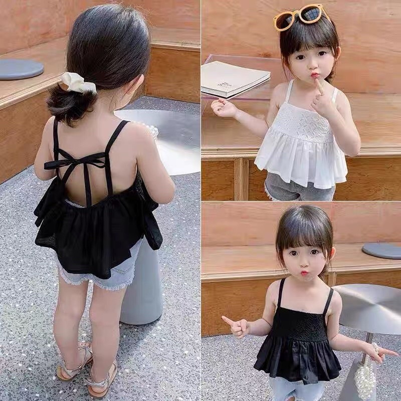 Bộ áo ren 2 dây thắt nơ sau quần jean cho bé gái