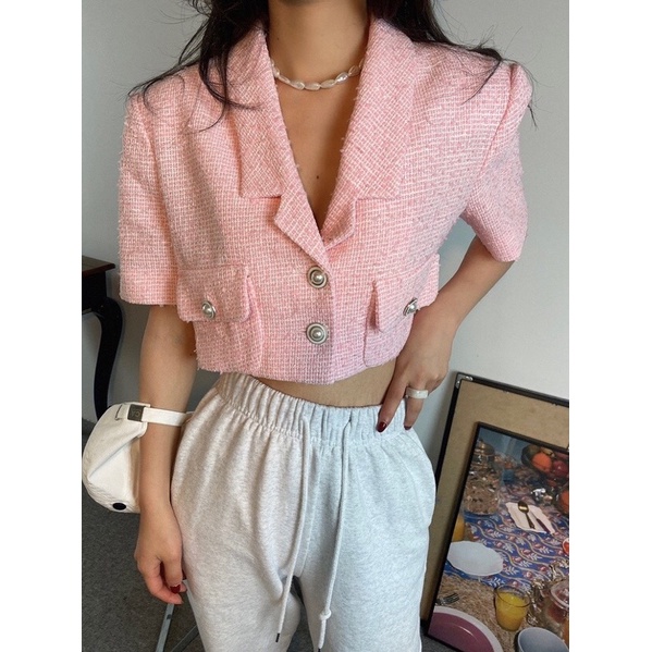 Áo croptop tweed cho nữ dáng ngắn khuy ngọc