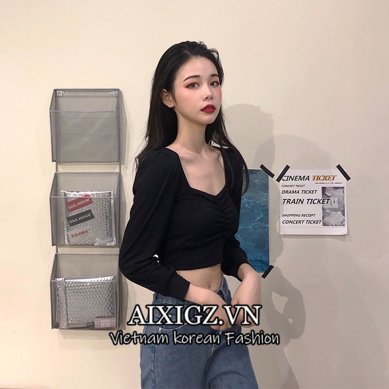 Áo Thun Lửng Tay Dài Lưng Cao Hở Xương Quai Xanh Cho Nữ