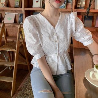 Áo kiểu cổ chữ V phối ren hoa thiết kế thanh lịch size S-XL