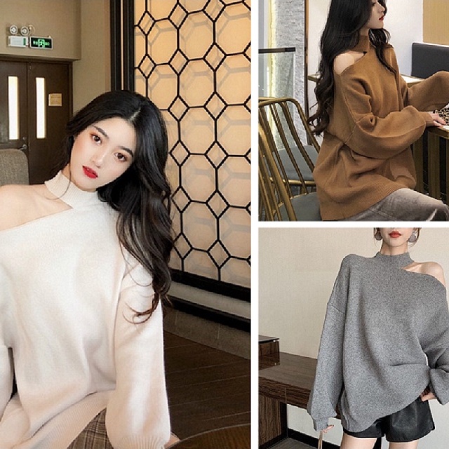 ✶℡Áo Nỉ Nữ Khoét Vai Dài Tay 🦋 Thun Dáng Trùm Mông Cá Tính 4 Màu Cao Cấp🦋