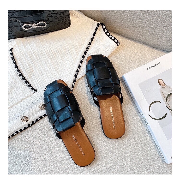 Dép sục rọ dan dây hai màu đen kem hàng da mềm