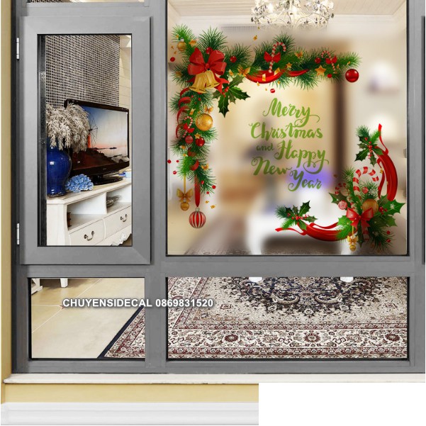 Decal Dán Kính Cao Cấp - Vòng Hoa Nguyệt Quế Merry Christmas ( 60x58cm )