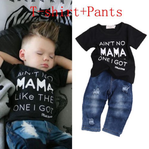 Set áo thun tay ngắn in chữ + quần denim thời trang dành cho bé trai