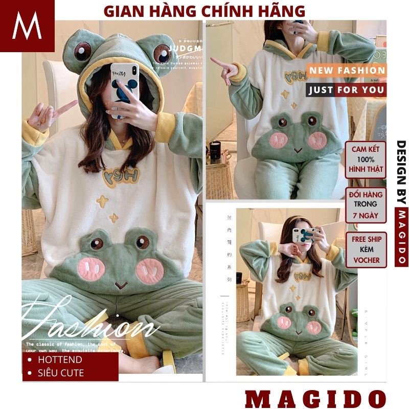 Bộ đồ ngủ mùa đông ẾCH XANH lông cừu giữ nhiệt tốt💚 bộ đồ mùa đông , lông cừu thời trang ulzzang hàn quốc MAGIDO