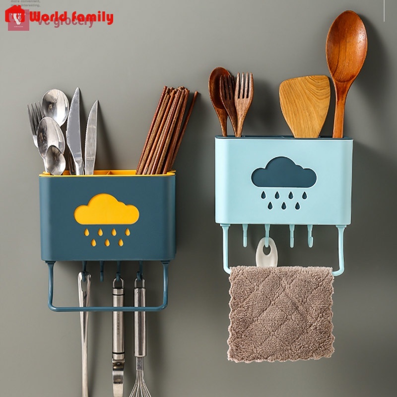 Kệ Đựng Muỗng Đũa Dán Tường kèm Móc Và Thanh Treo khăn thông minh