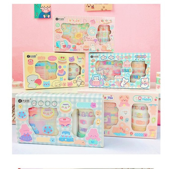 Set Hộp Washi Tape &amp; Sticker nhiều mẫu cute - Hộp 5 cuộn washi tape + 10 sticker dễ thương - Corgi Shop