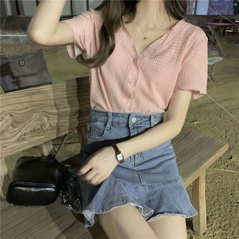 Áo Thun Tay Ngắn Cổ Chữ V Thời Trang Hàn Quốc Sành Điệu Cho Nữ