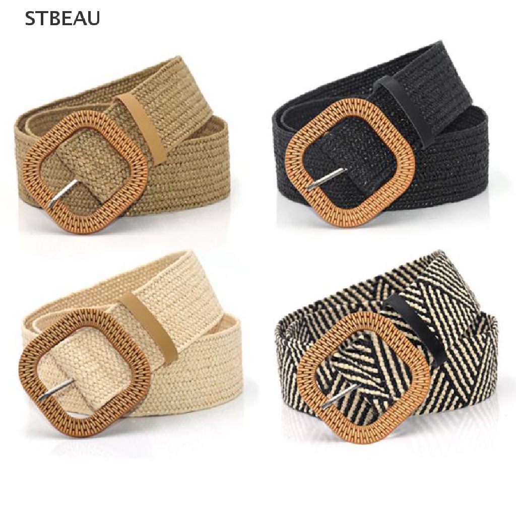 Thắt Lưng Đan Rơm Co Giãn Khóa Vuông Phong Cách Boho Cổ Điển Thời Trang Mùa Hè Cho Nữ
