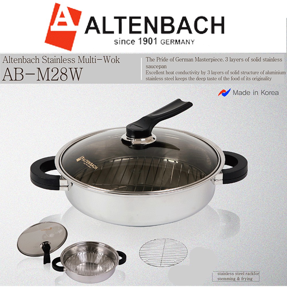 Hàn Quốc - Chảo Inox đa năng hiệu Altenbach AB-M28W, Size 28, có nắp kính, cho Bếp Gas, Bếp Hồng Ngoại, Bếp Từ