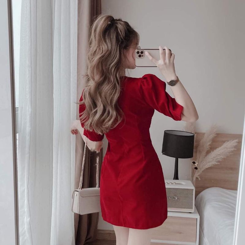 Đầm đỏ đi chơi tết, đầm nhung đỏ siêu sang Krixi Dress