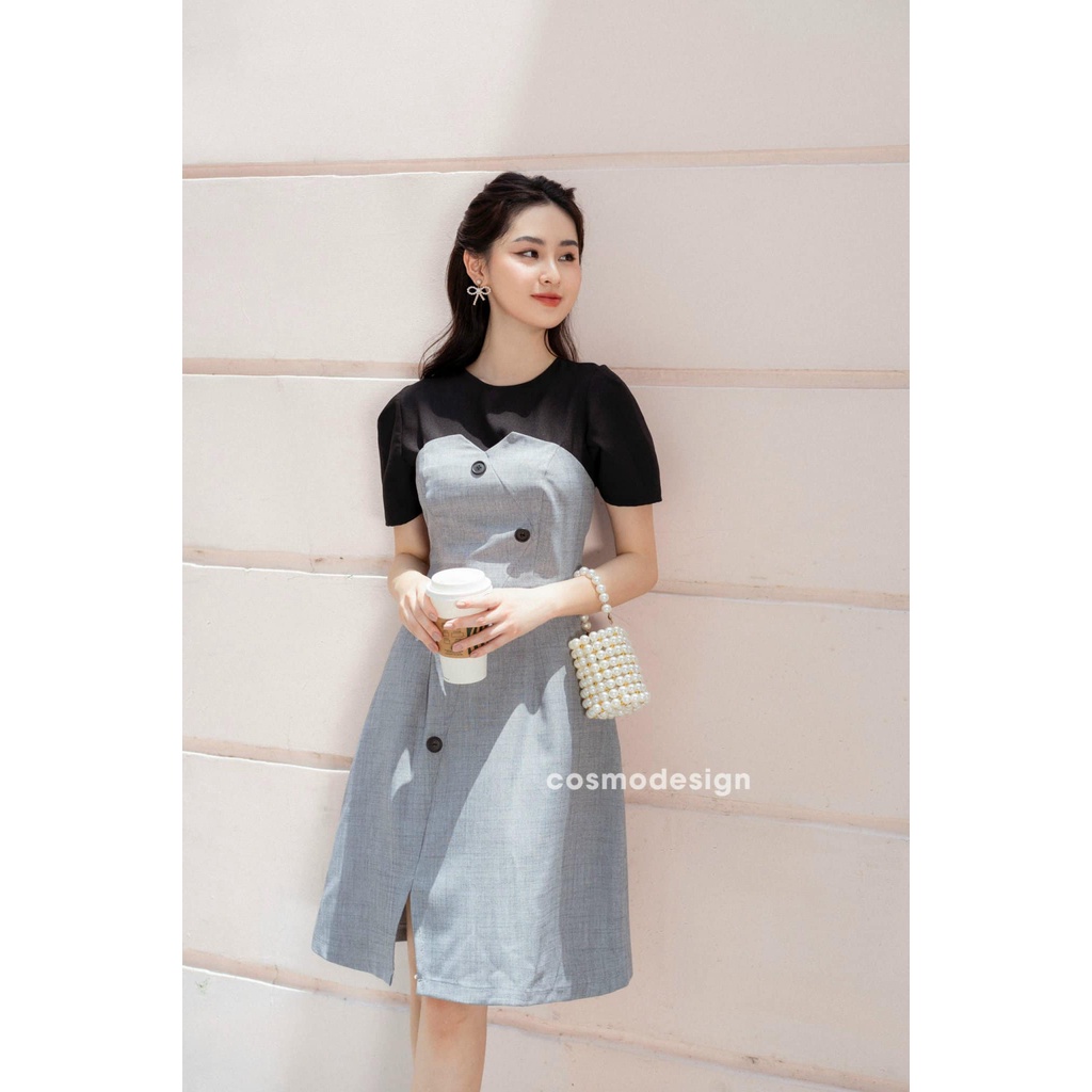 Váy xoè đen bổ mảnh phối kẻ đen trắng
