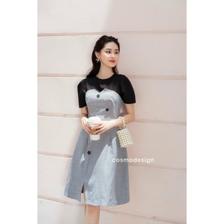 Váy xoè đen bổ mảnh phối kẻ đen trắng