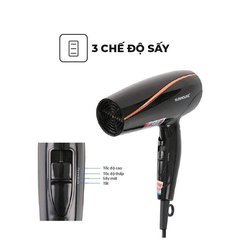 Máy Sấy Tóc Công Suất Lớn 3 Chế Độ Gió - Máy Sấy Tóc Sunhouse SHD2306 Đen