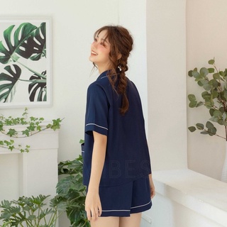 VIBES Đồ bộ Pijama ngắn Lụa trơn cao cấp Navy Silk Py Set