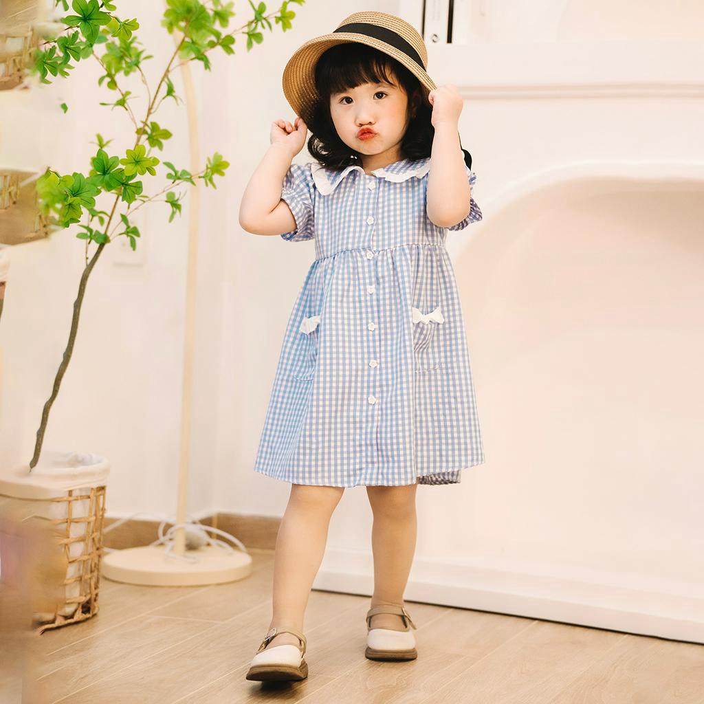 Đầm váy cho bé gái DORYKIDS babydoll tay phồng kẻ caro vải cao cấp váy tầng cho trẻ em từ 1 đến 12 tuổi