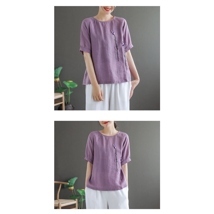 Áo Thun Cotton Lanh Cổ Tròn Dáng Rộng Thêu Hoa Thời Trang Mùa Hè Hàng Mới Dễ Phối Đồ Phong Cách Retro Dành Cho Nữ