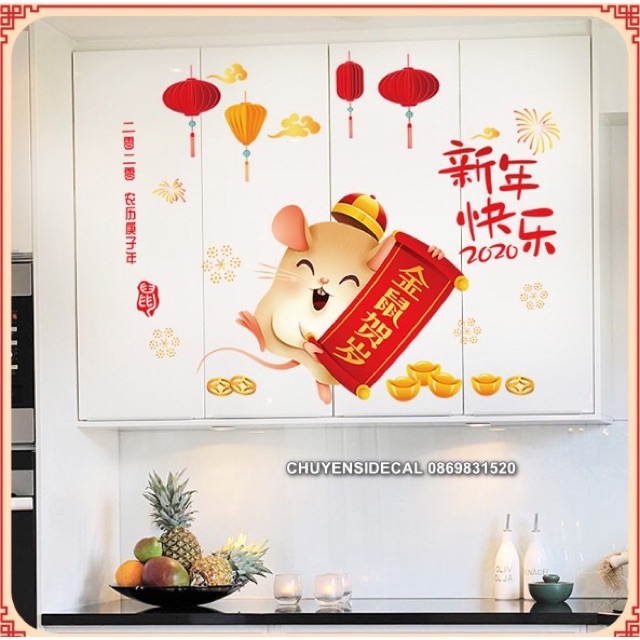 Decal dán Tết - Chuột Con bảng hỷ đỏ 2020 mẫu 02