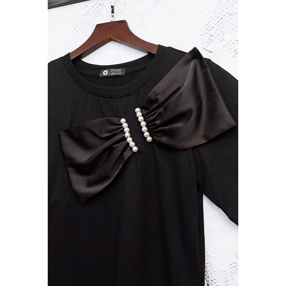 Áo thun kiểu nơ lụa thêu trai trẻ trung, nữ tính, trendy, dáng rộng - Peony