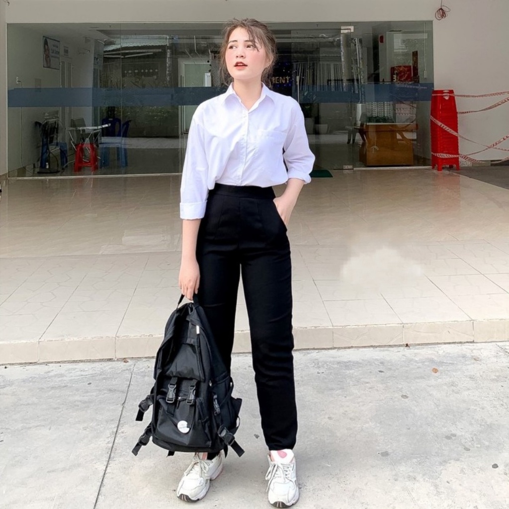 Quần tây nữ lưng cao cạp chun khóa kéo sườn hông dáng dài màu đen ông đứng kiểu quần baggy đi học sinh làm công sở đẹp