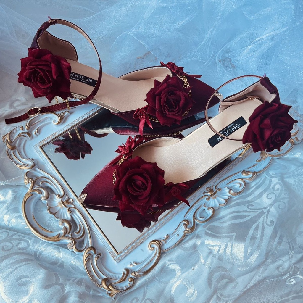 Giày cao gót làm bằng tay đích thực giày cao gót hoa hồng đỏ và đen giày cao gót Lolita giày cao gót cưới giày cao gót mũi nhọn giày cao gót 8cm