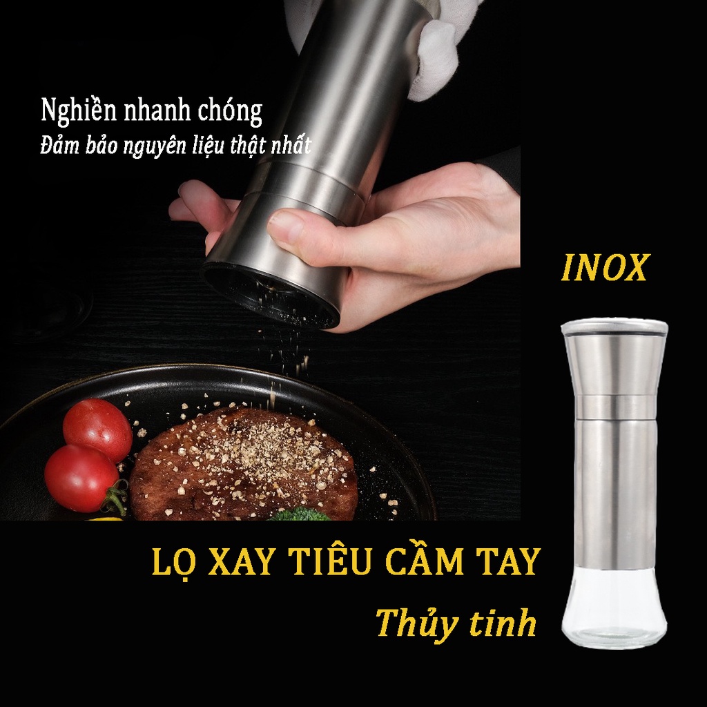 Lọ Xay Tiêu Cầm Tay Cỡ Lớn Bình Thủy Tinh Nắp Inox 304 Cao Cấp
