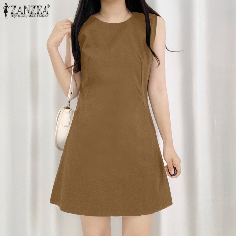 ZANZEA Đầm Chữ A Không Tay Cổ Tròn Phong Cách Hàn Quốc Nữ Tính