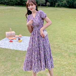 YATWIN ✢❁☇Light ripe wind floral chiffon dress with short sleeves female summer French style restoring ancient ways collect waist show thin purple long pleated skirt