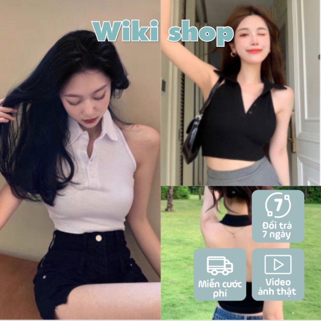 Áo croptop cổ polo cài cúc đen trắng sát nách hở lưng sexy freesize hàn quốc C467