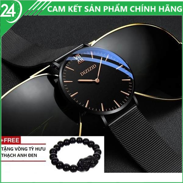 (Tặng pin , tặng vòng tỳ hưu, tặng hộp chính hãng) Đồng hồ nam DIZIZID dây thép lụa Style Doanh Nhân (Mặt đen - dây đen)