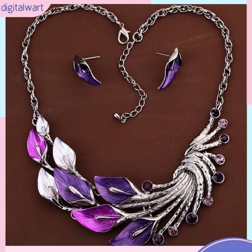 Bộ dây chuyền và khuyên tai hình lông công đính kim cương giả phong cách cổ điển