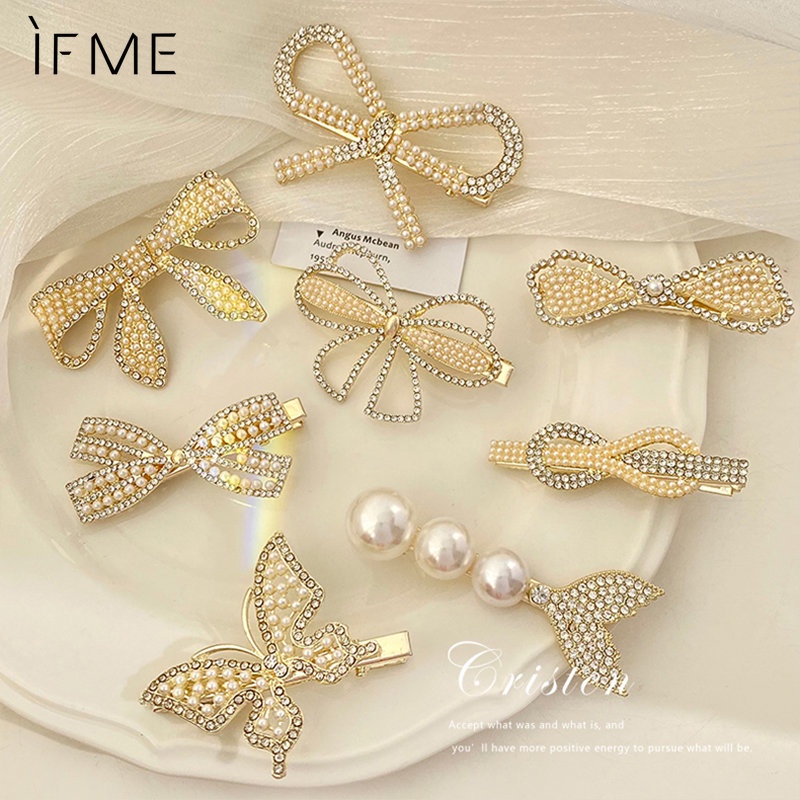 IF ME Kẹp Tóc Hình Nơ / Trái Tim / Cá Đính Ngọc Trai Thanh Lịch Cho Nữ