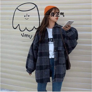 Áo Khoác Dạ Kẻ Form Rộng Nữ - Jacket sơ mi phối túi bigsize dáng suông tay bồng màu trắng đen Ulzzang HOT