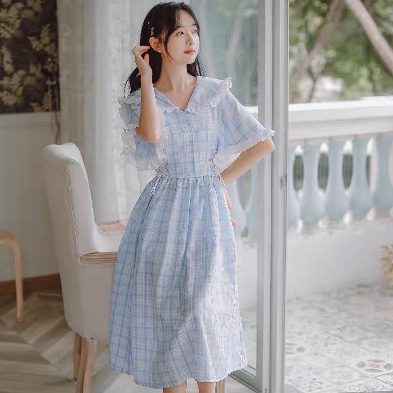 Đầm Dài Cổ Búp Bê Sọc Ca Rô Thời Trang Mùa Hè Hàng Mới Dành Cho Nữ Sinh Trung Học 2023