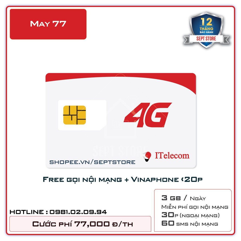 Sim 4G ITelecom May - 90Gb/tháng - Miễn phí gọi