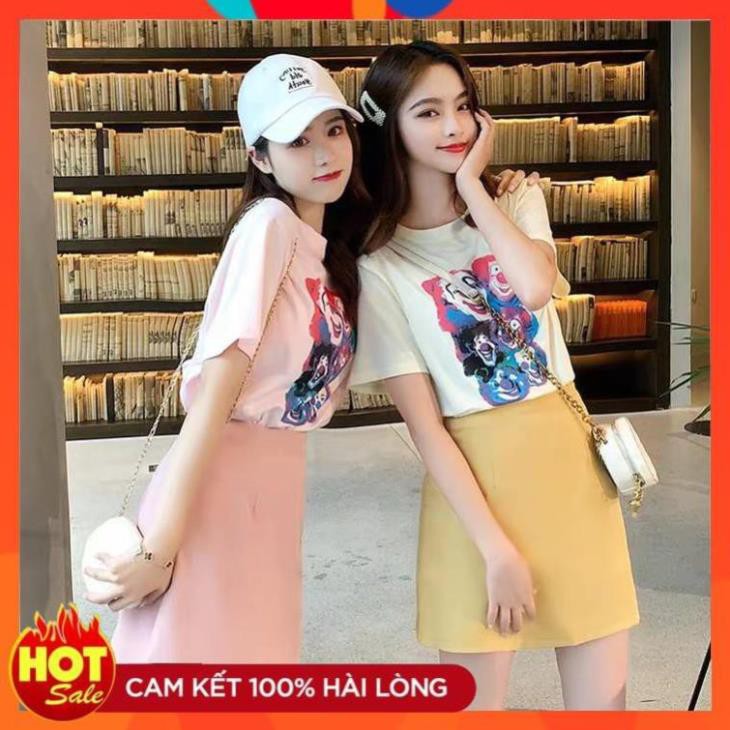 [FREE SHIP] Set Áo Thun In Hình Chú Hề Mix Chân Váy Kaki 2 Màu Hồng, Vàng Ulzzang