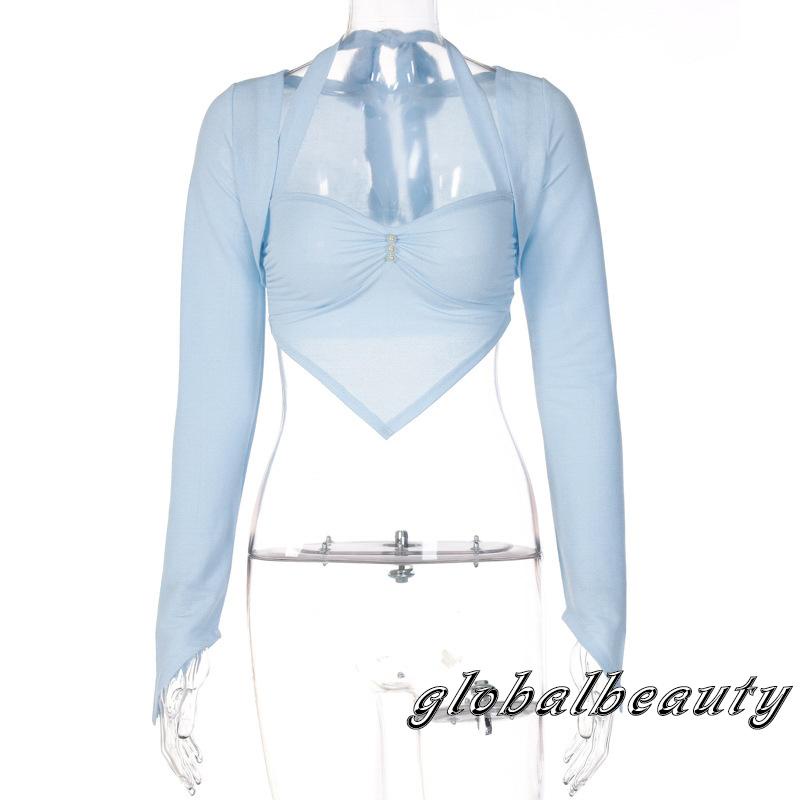 Gb Áo Croptop Không Tay Cổ Khoét Sâu Cột Dây Đính Ngọc Trai Giả Màu Xanh Dương Viền Tam Giác Trang Trí Cho Nữ