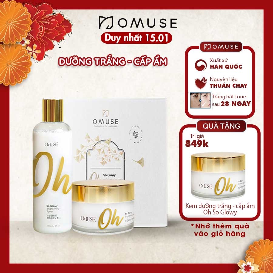 Combo Cream &amp; Toner dưỡng trắng và phục hồi da O’Muse Oh So Glowy Brightening